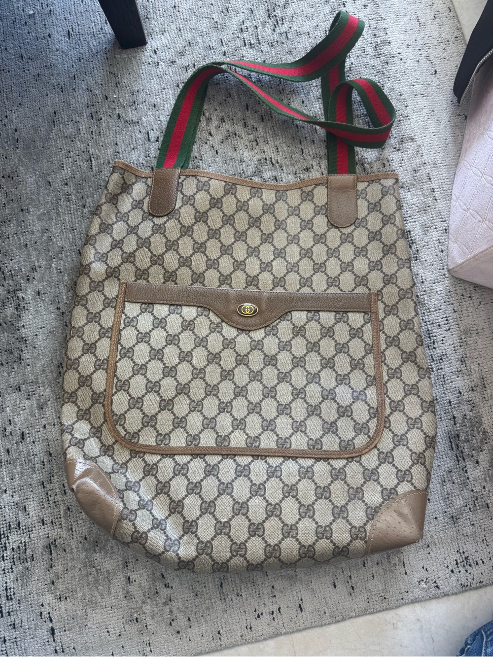 Gucci Beige GG Canvas Tote with Green and Red Web Straps